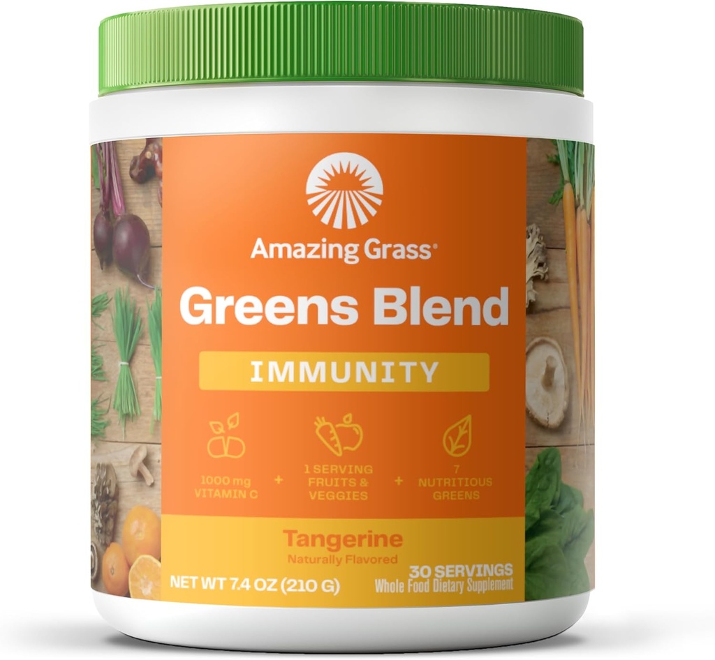 Uimitoare iarbă verde Superfood Imunitate: Super Greens Pulbere cu vitamina C, Cordyceps, Root Root Powder & Reishi Ciuperci, Mandarine, 30 Serviri