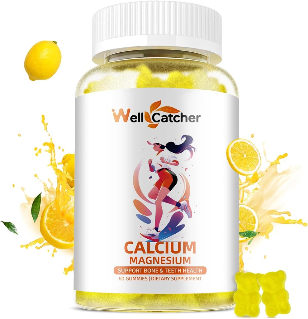 Calciu Magneziu Gumiile Adulți Copii - Zahăr gratuit Alge de calciu Algele Vegane Suplimente pentru femei Barbati de sprijin Plus Oase de putere cu Zinc Potasiu Vitamina D3 K2 Aroma de lamaie 60CT