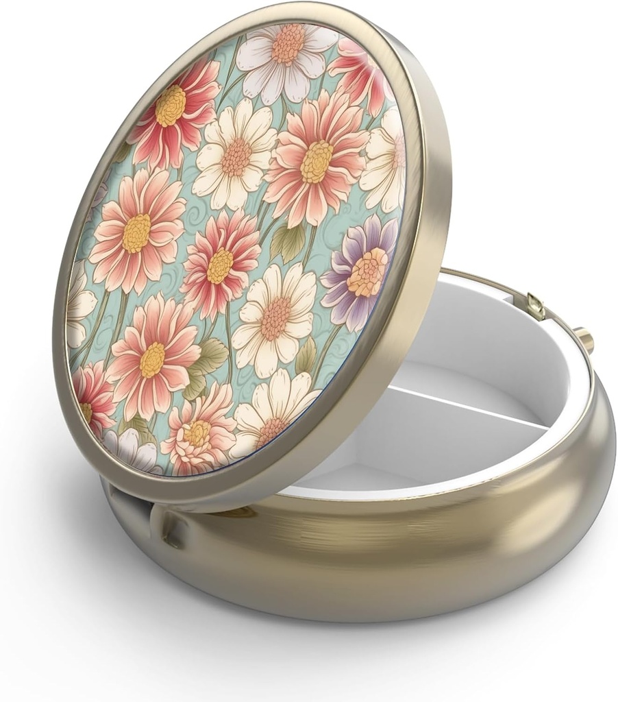 Pilulă cutie de pastile cu oglindă retro 3 Compartiment Mici Pilula Organizator pentru Purse sau Pocket Bronz mic cutie de pastile Roud sau vitamine, ulei de pește, Suplimente, Pilula Contine cadouri de călătorie( Retro Floral)