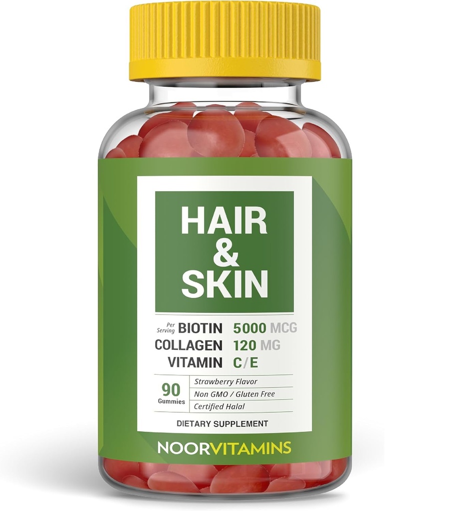 Noor Vitamine Halal Vitamine de par Biotin, Colagen, Siliciu, Vitamina C & E suporta parul, Skin & Nail Health; Vitamine naturale de guma de capsuni. GOM, Gluten Free & a Certified Halal Vitamine (90 Count)