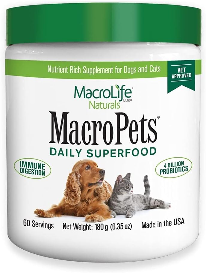 MacroLife Naturals MacroPets Greens Superfood Supplement Powder Topper pentru pisica de câine Mammal mici, nutriție naturală Boost Probiotice Digestive Enzime Vitamina E - Immune Gut Health & Energy - 6.35oz