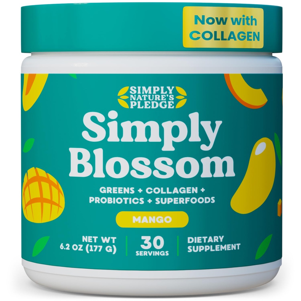 Pur și simplu Blossom Nutrition Daily Greens & Superfood Powder + Colagen + Probiotice pentru femei Digestive Health & Blooting Relief. Ajutor Bloom sănătate - 30 zile de aprovizionare - Mango