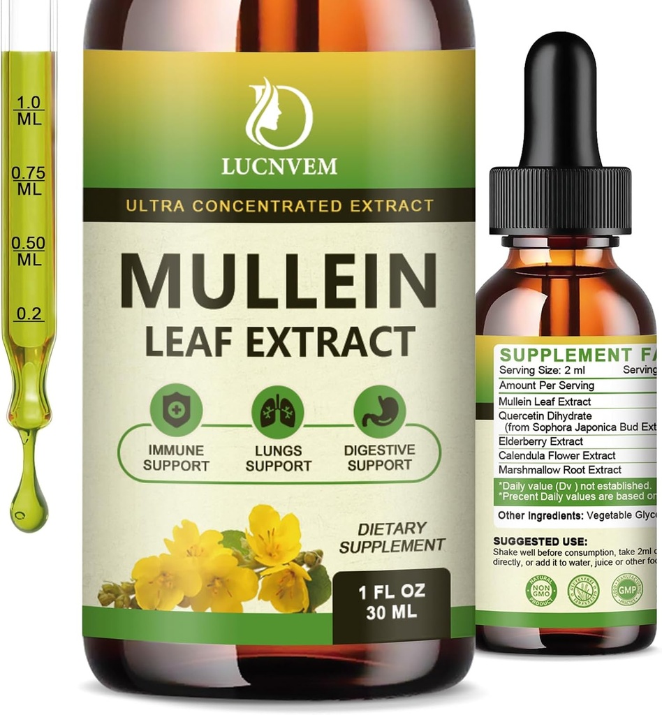 (2 ambalaj) 98% Absorbţie Mullein picături pentru plămâni, puternic 5 din 1 Mullein Leaf Extract de Herbal Blend, Natural Plămâni Suport Supliment pentru Plămâni Cleanse & Detox şi Respiraţie Lung Sănătate