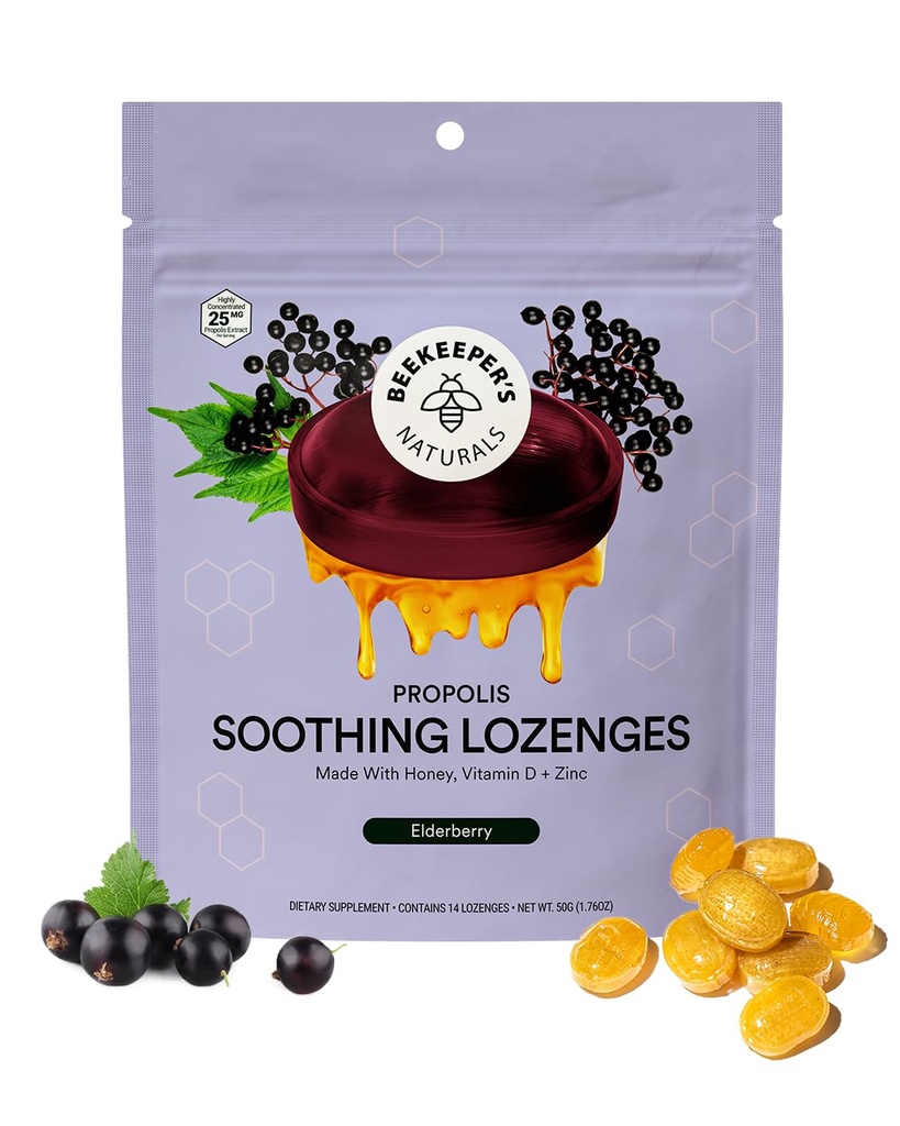 Naturals Abekeeper Soothing Honey Elderberry Tuse scade suport imun cu vitamina D, zinc şi propolis Soothing Lozenges, 14 t