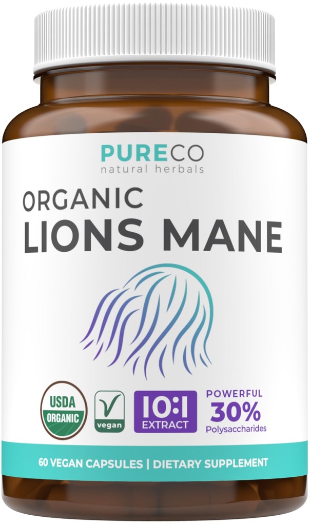 Capsulele de suplimente pentru coamă organică - capsulele de supliment pentru ciuperci organice USDA cu coama leului 1000 mg 10:1 extract per servire cu 30% polizaharide - Vegan & non-GMO (1 lună de aprovizionare)