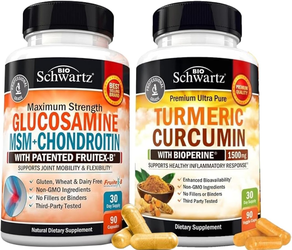 BioSchwartz Curcumin Turmeric cu extract de piper negru 1500mg Complex (1 lună de aprovizionare) Plus Glucosamină Chondroitin MSM Triple Supliment de sprijin comun de rezistență (1 lună de aprovizionare)