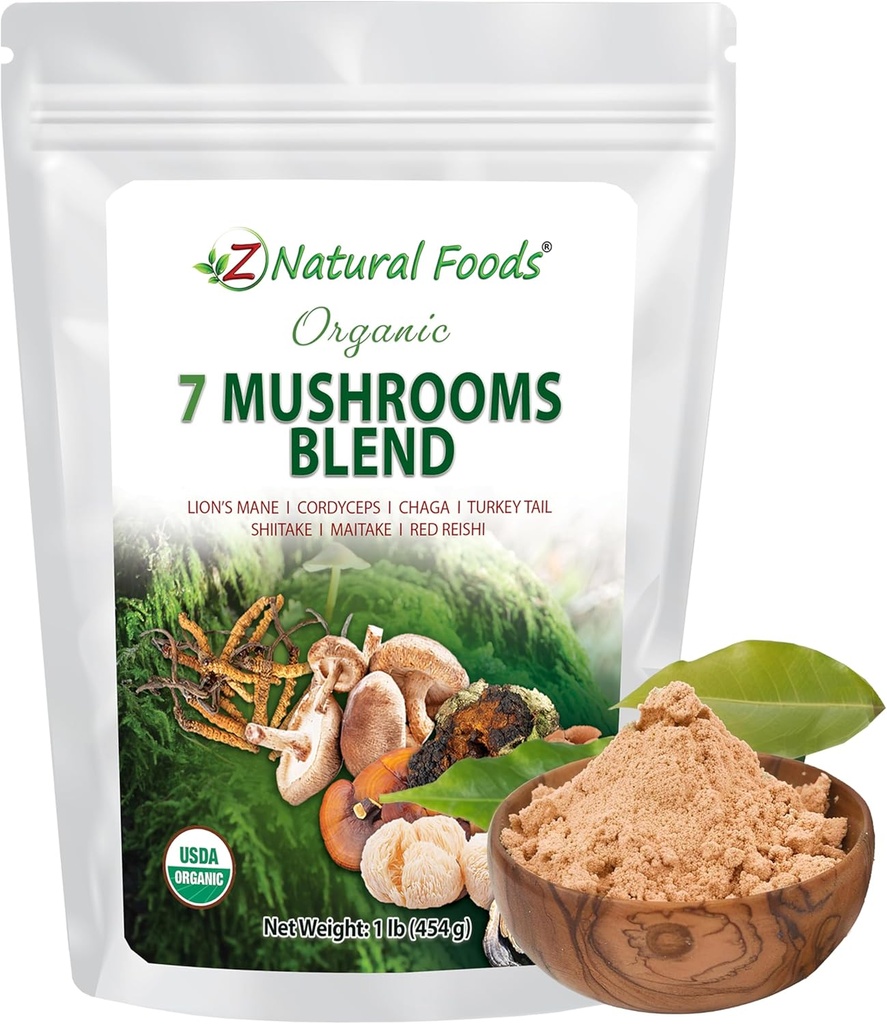 Z Natural Foods Organic 7 Sacred Mushrooms Blend - Mushroom Powder for Immune Health - Lion’s Mane, Cordyceps, Chaga, Red Reishi, Shiitake, Maitake & Turkey Tail Extract for Coffee, Smoothies, 1 lb