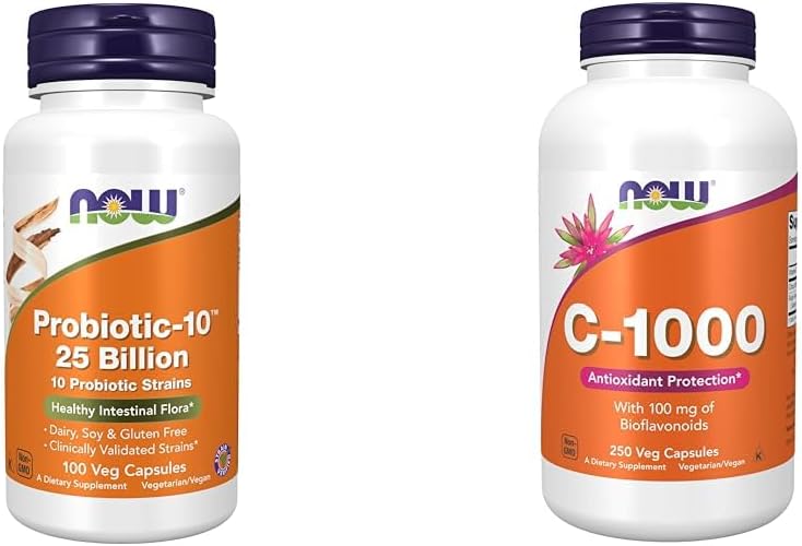 Suplimente acum, Probiotic-10TM, 25 Miliarde, cu 10 Probiotic Strains, Dairy, Soy si Gluten Free & Suplimente, Vitamina C-1.000 cu 100 mg de Bioflavonoizi, Antioxidant Protectie*, 250 capsule