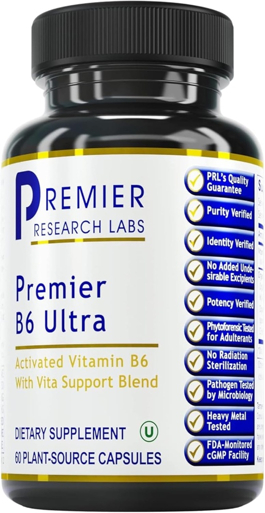 Premier Research Labs Premier B6 Ultra- P5P Vitamina B6, Pyridoxal 5 Fosfat B6 Vitamine Supliment, 50mg B6 Per Capsule, Forma activa pentru metabolismul energetic, & Functia creierului - 60 Capsule vegetariene