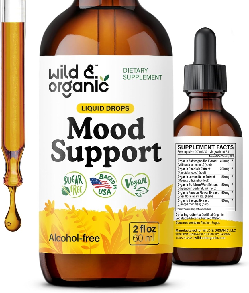 Picăturile de susţinere a dispoziţiei sălbatice şi organice - Suplimente bune de dispoziţie w/Ashwagandha Root & Rhodiola Rosea - Picături lichide naturale pentru energie pozitivă - Calm şi relaxa Suplimente pentru femei şi bărbaţi - 2 oz