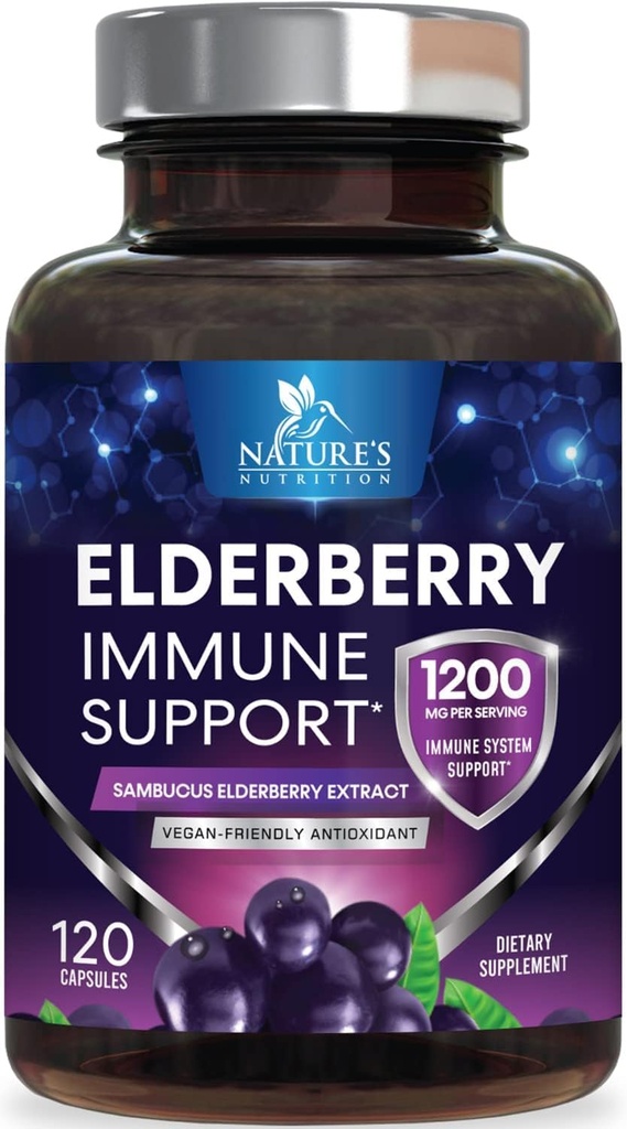 Asistenta imuna Elderberry 1200mg - Suport imunitar zilnic pentru adulti cu extract de soc negru concentrat - Supliment de vitamine antioxidante, gluten gratuit, îmbuteliate in SUA - 120 capsule