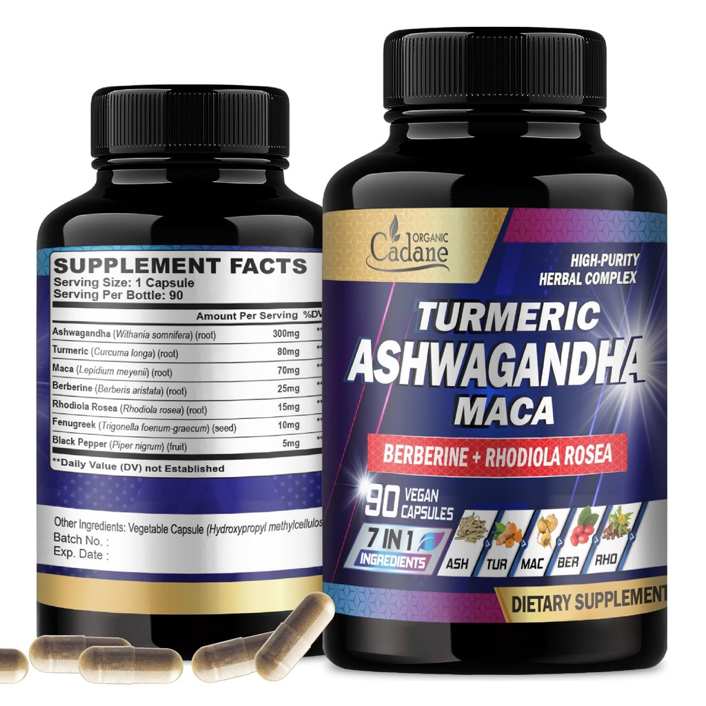 Cadane Cadane Ashwagandha Suplimente - Memorie, Sistem Imun si Suport pentru Rezistenta - 7in1 Concentrat cu Turmeric, Maca Root, Berberine & More - 90 Capsule Vegane pentru aprovizionare 3-Month