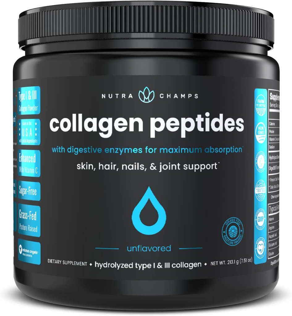 Pudră Colagen Peptide - Absorbție îmbunătățită, hidroliză dublă, Fed iarbă, praf de proteine Keto cu vitamina C - Supliment premium pentru creșterea părului, piele, unghii, articulații și oase, nearomatizate
