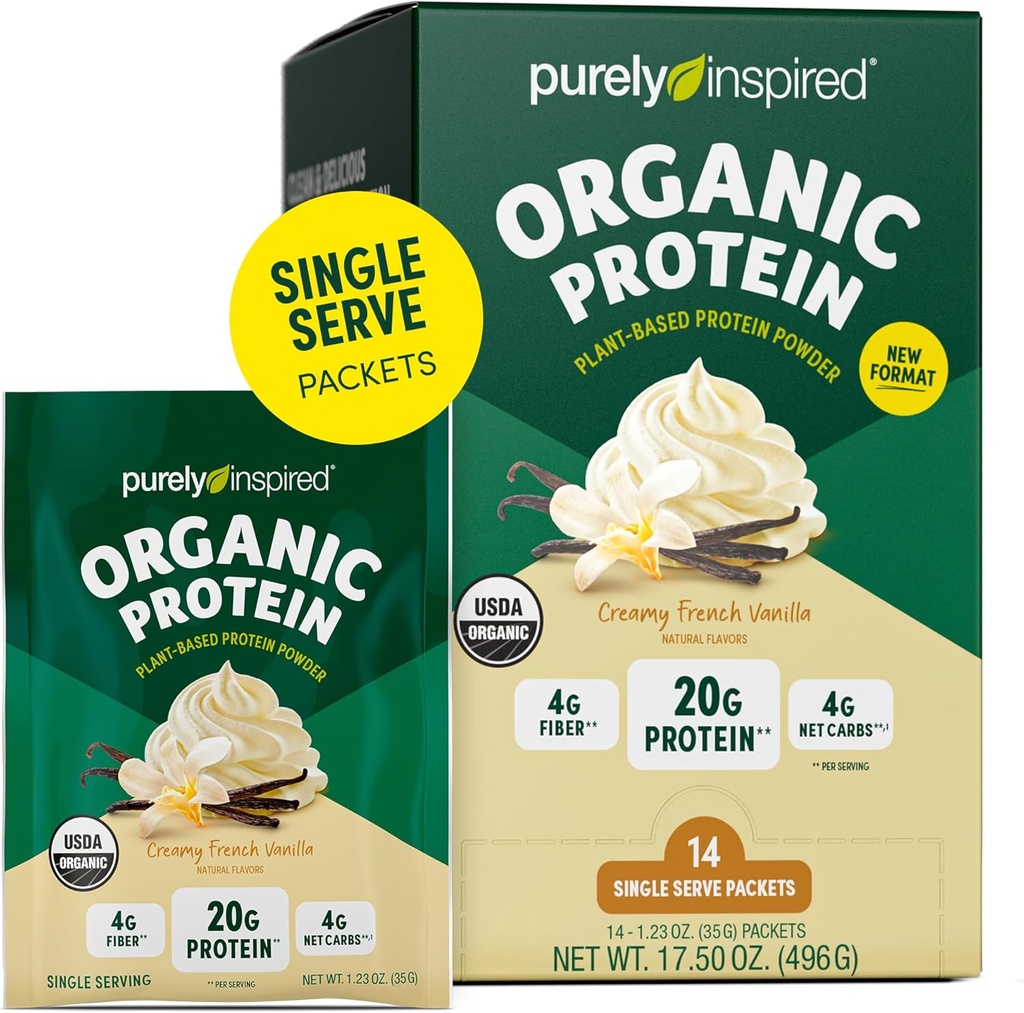Pulbere organică pur inspirată de proteine, 14 Pachete de unică servire, vanilie cremoasă - 20g de pulbere de proteine pe bază de plante pentru smoothies & Shakes - lactate-free, non-GMO - pentru bărbați și femei