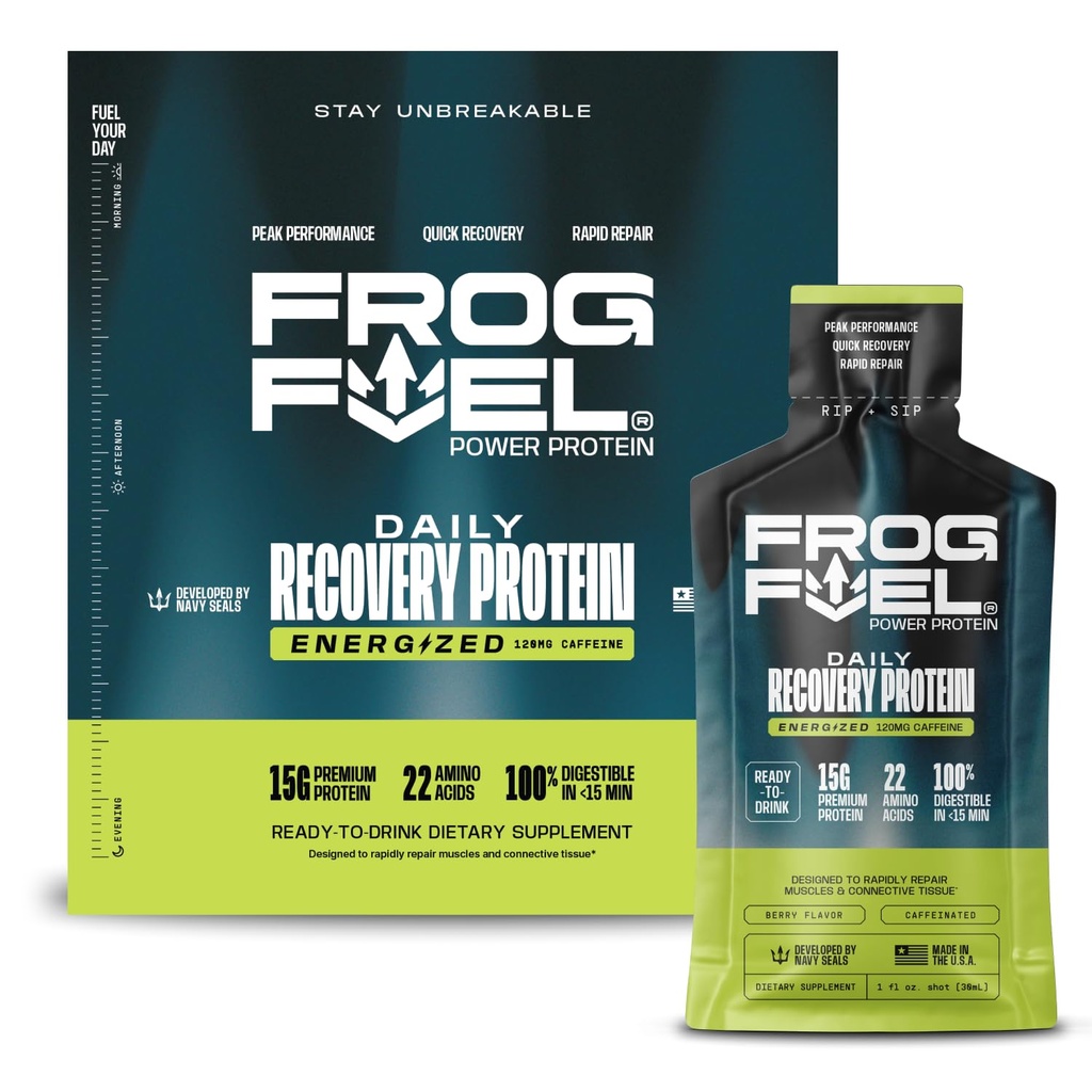 Frog Putere combustibil Proteine Energetic Shot, 15g Proteine Nano-Hydrolyzed Iarba Fed Colagen, 120mg Cafeina, Fat & Sugar Free, 22 Aminoacidi, 0 carbohidrati, Berry, 1 oz Pachete, 24 Pack