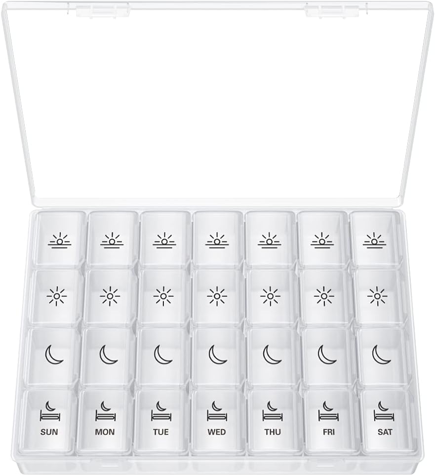 XL Pill Organizator de 4 ori pe zi, BUG HULL extra mare săptămânal cutie de pastile, 7 zile Vitamina Container zilnic Pilula titular pentru ulei de cod-Liver, vitamine, suplimente (Alb)