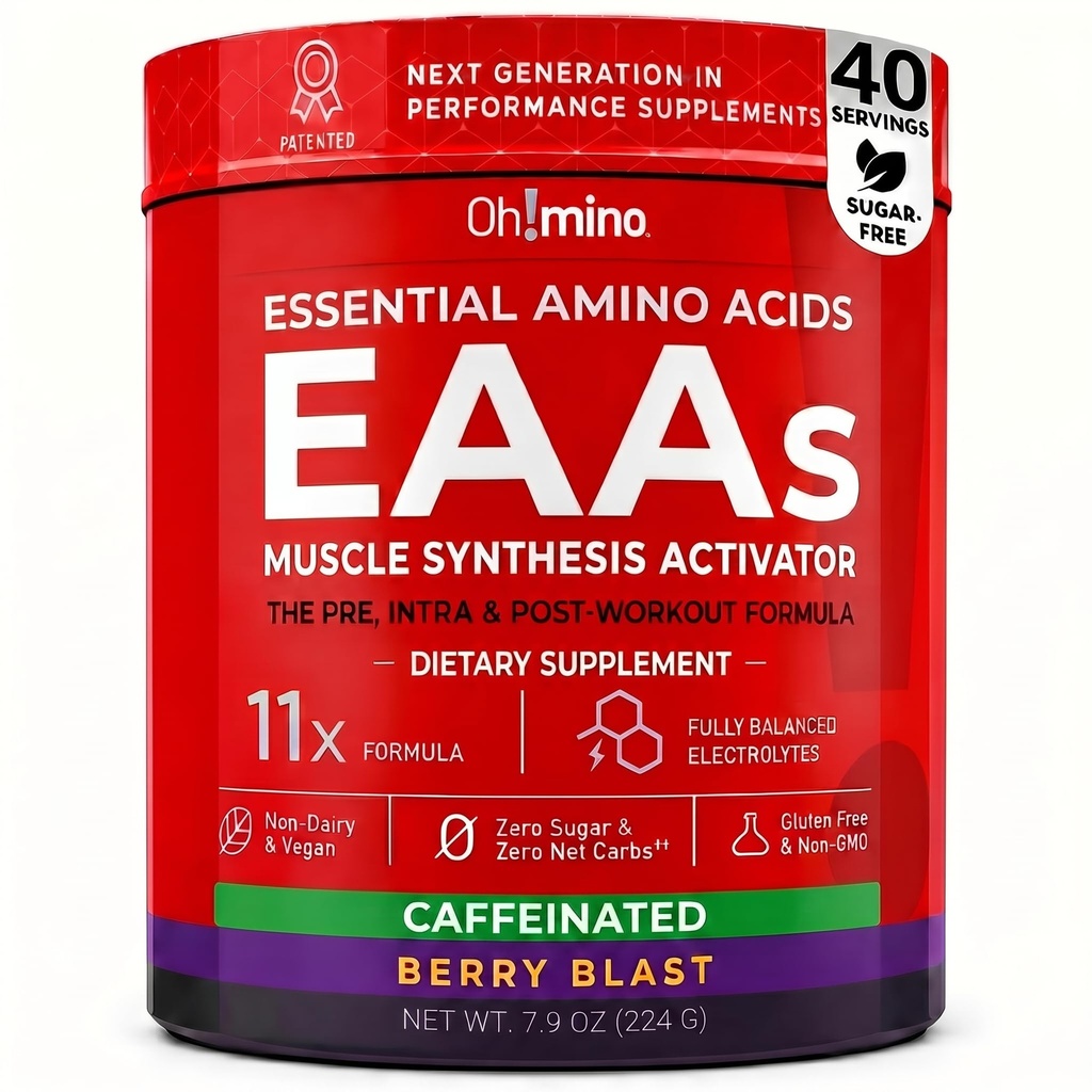 Oh!mino Essential Amino Acids Supliment. Berry Blast, Caffeinated Powder. Toate cele 9 EAA, BCAA și perfect Amino pentru antrenamente, Amino Energy, și pentru a construi musculare, și Recupera mai repede.