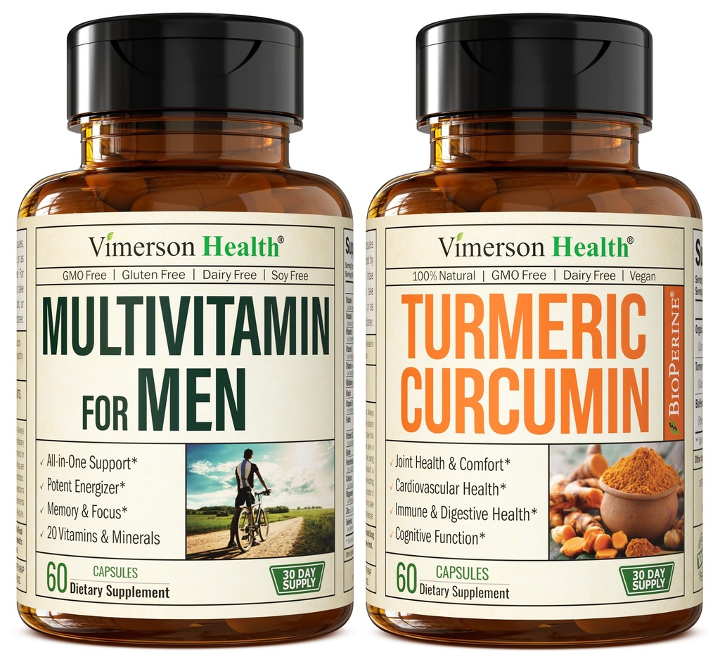 Vimerson Health Men's Multivitamine + Curcumin Turmeric cu Black Pepper Extract Bundle. Suport comun şi imun, ajutor disconfortabil, proprietăţi antioxidante pentru el