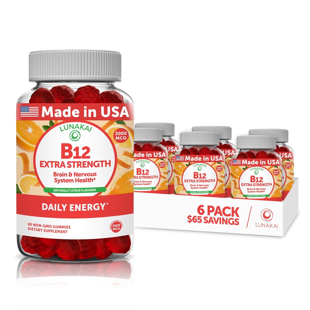 Vitamina B12 Gumiile pentru adulți - Formula cea mai gustoasă de proprietate - 3000mcg metil B-12 Gume energetice de înaltă absorbție - Non-GMO Vegan Vit B12 - Chewable B 12 pentru suport energetic și sănătatea osoasă - 6 Pack