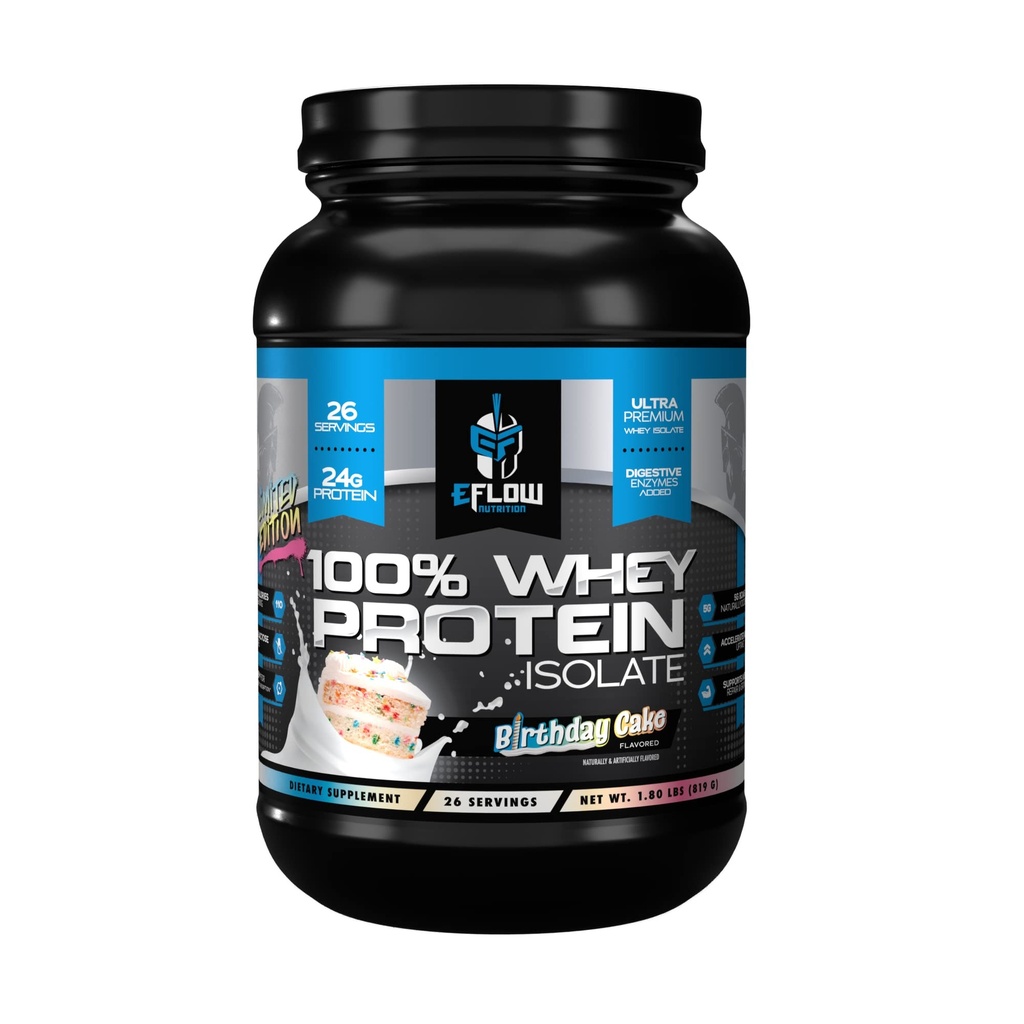 EFlow Nutriție 100% Whey Proteine Izolat - Enzime digestive gratuit Lactoză Adăugați, Carb scăzut, Post Workout Shake, Digesting rapid pentru recuperarea musculară optimă - tort ziua de naștere (26 Servings)