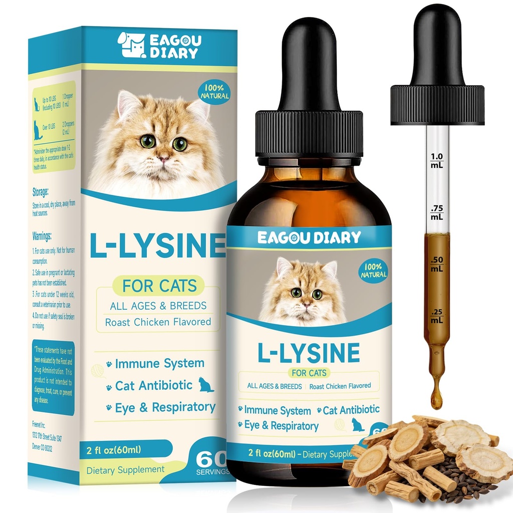 L-Lysine pentru pisici,Lysine Drops Supplement Immune Supplement,Sneezing,Cold,Allergie Relief,Runny Nose,Feline Respirator, Antibiotice naturale pentru pisici cu Colostrum,Taurină (Furt de pui Flavor/2floz)