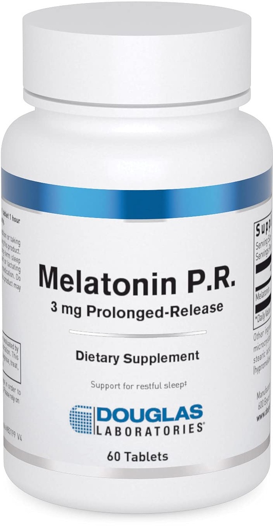Laboratoarele Douglas Melatonina eliberare prelungită - 3 mg Melatonină - Supliment de suport pentru somn - Pentru echilibru hormonal, relaxare, antioxidanti si sistem imunitar * - 60 comprimate