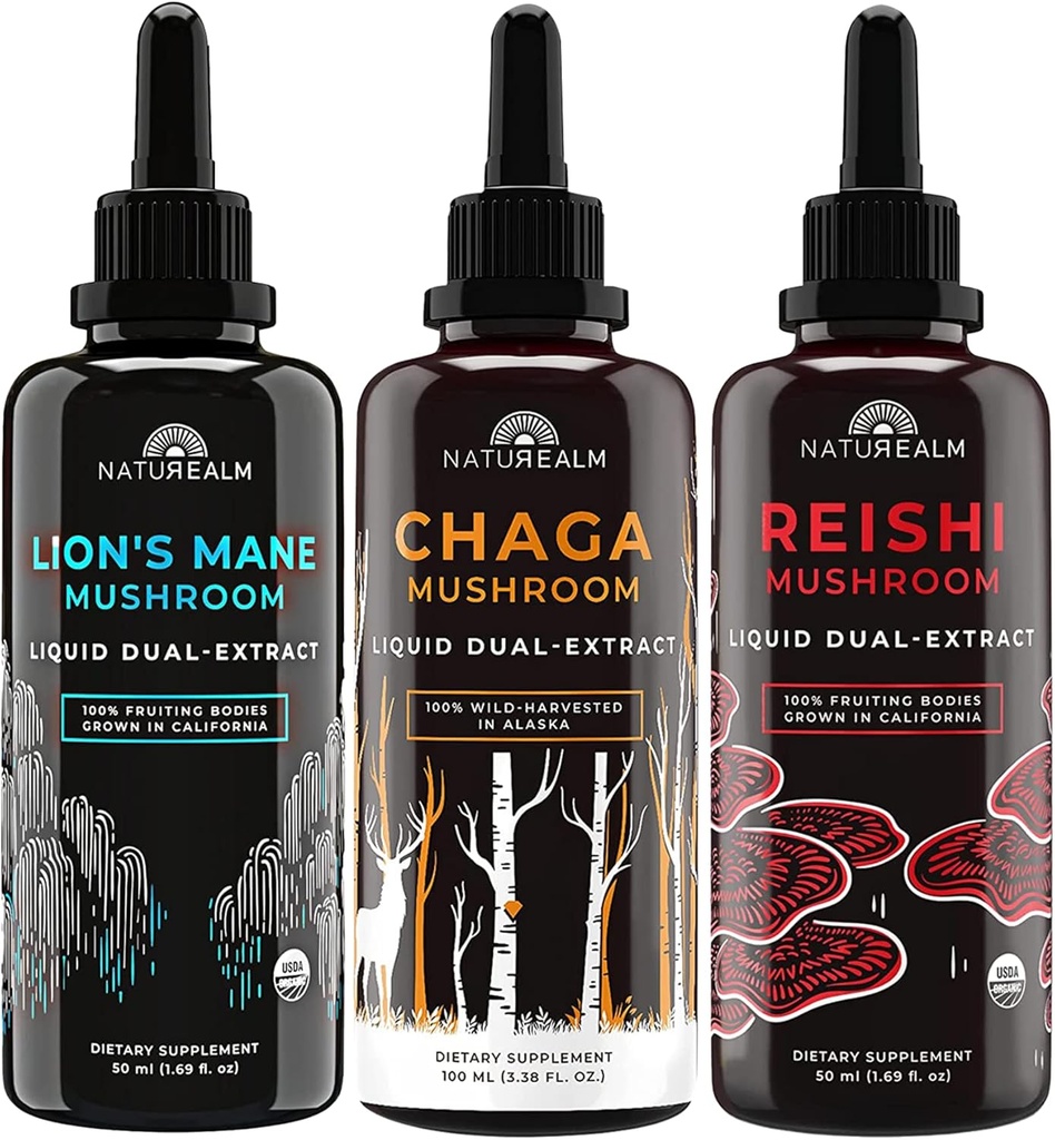 Naturealm Lions Mane, Reishi, & Chaga Mushroom Extract - Adaptogen Stack for Focus, Imunitate, Longevity, Gut Health, Anti-Aging, Energy, Vindecare, & More - Picături lichide organice - 50 ml Fiecare (3 Pachet)