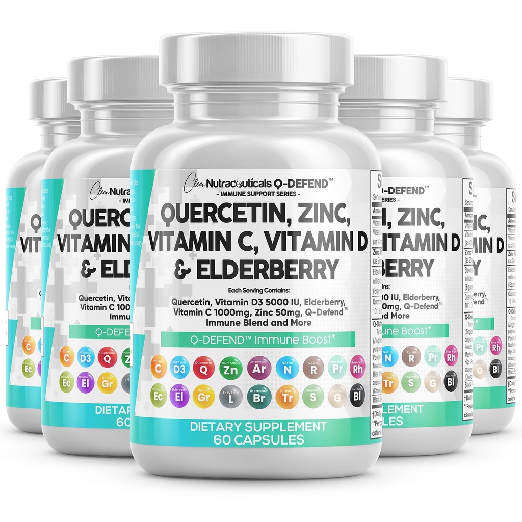 Clean Nutraceuticals Querbetin Zinc Vitamina C Vitamina D Bromelain Elderberry - Lung Immune Supliment Adulți cu Artemisina, Moss de mare, Echinacea, Alergia Ajutor (60 Count (Pachet de 5))