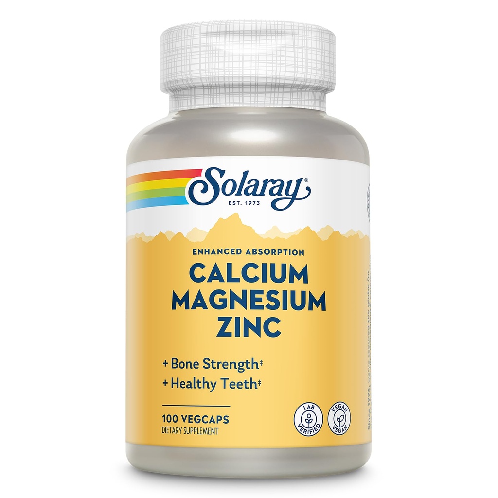 SOLARAY magneziu supliment de zinc de calciu - cu calciu 1000mg, magneziu 500mg - sanatate osoasa, functie musculara, sanatate cardiaca si suport imunitar - Vegan, 60 zile de garantare, 25 serviri, 100 VegCaps