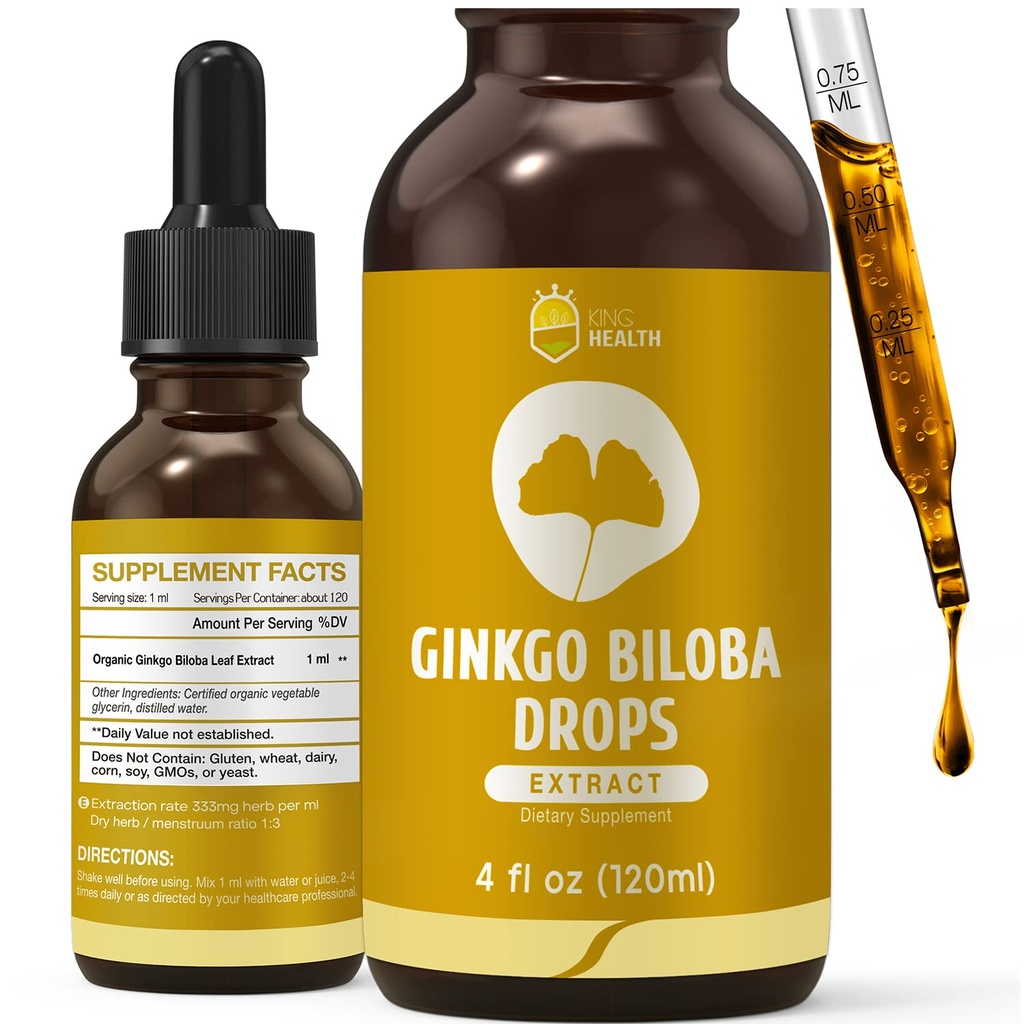 Organic Ginkgo Biloba Extract Suplimente lichide, Brain & Focus Support, 98% Absorbție, Vegan, Non-GMO, Alcool & Gluten gratuit - 4 Fl Oz