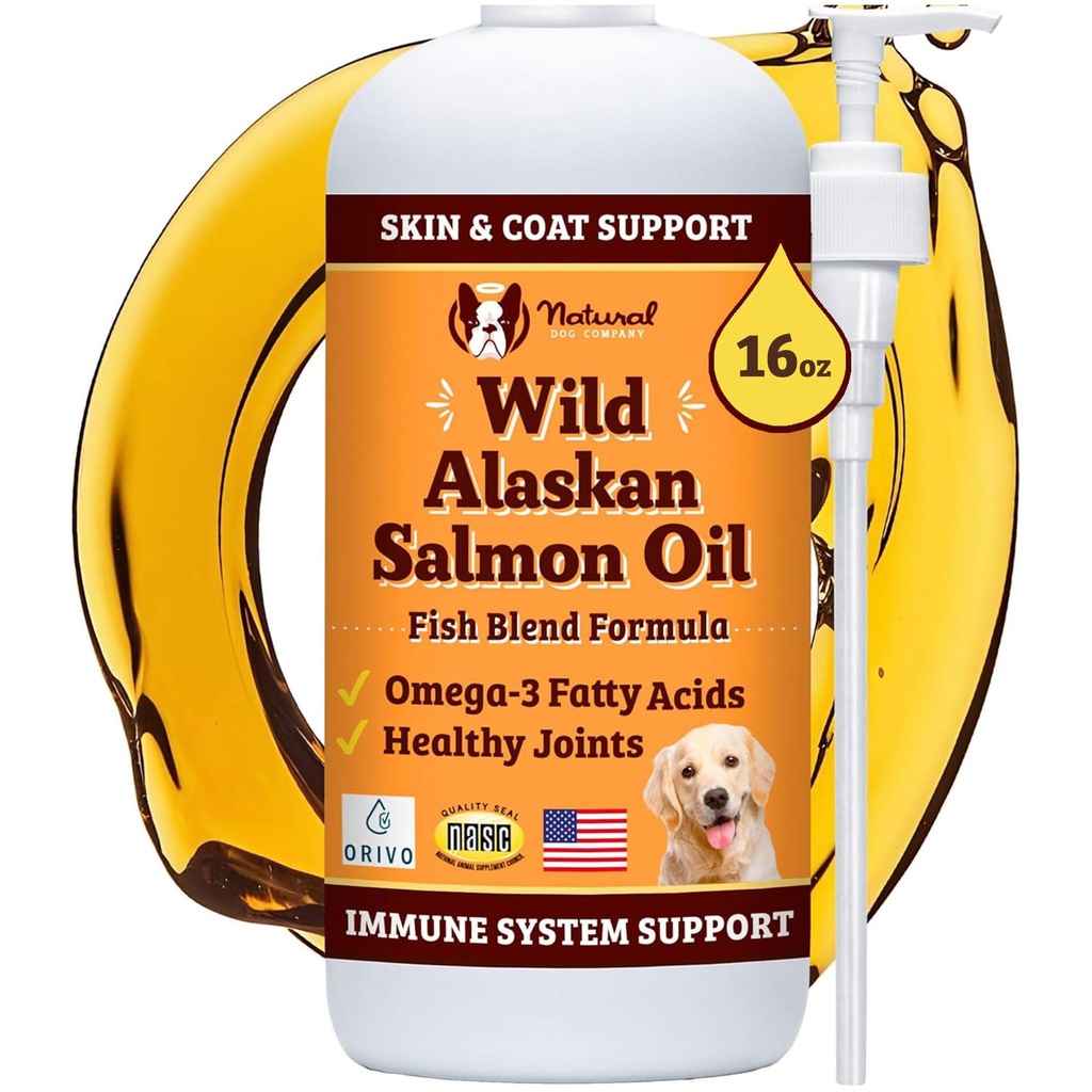 Natural Dog Company Wild Alaskan Salmon Oil Formula cu Omega 3, Ulei de pește pentru câini Supliment, Skin & Coat Dog Oil, Itchy Relief, Immune Support for Joints & Heart, Food Topper, 16 oz.