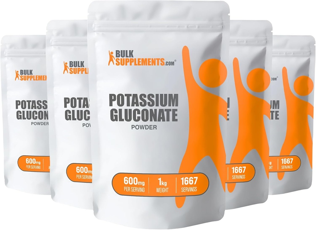 BulkSupplements.com Pudră de Gluconat de potasiu - Supliment de potasiu, Supliment mineral - Gluten gratuit, 600 mg per Serving, 5kg (11 lbs) (Pachet de 5)