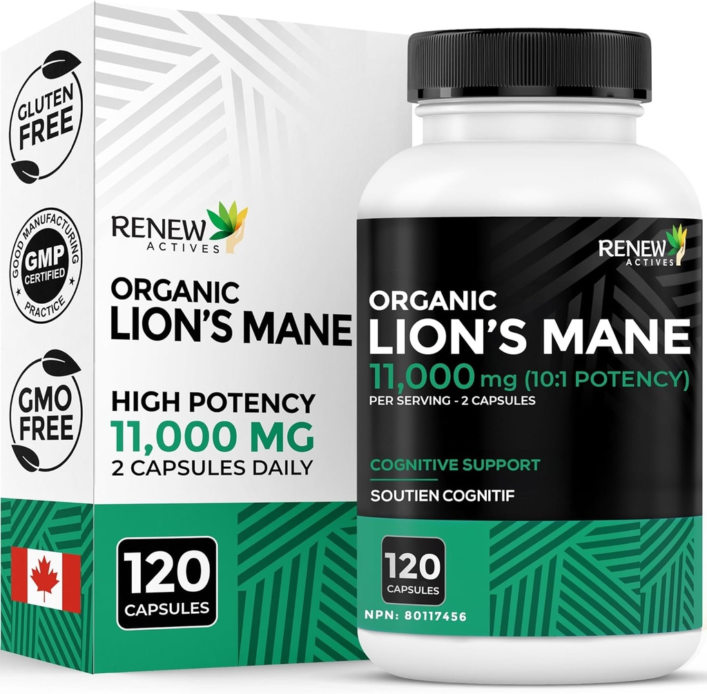 Renew Actives Premium Organic Lion's Mane Mushroom 1100MG per 2 Capsule - Suportă funcția cerebrală, memorie, focus, Stres Relief & Immune Health, Non-GMO, Vegan - Made in Canada - 120 Capsule