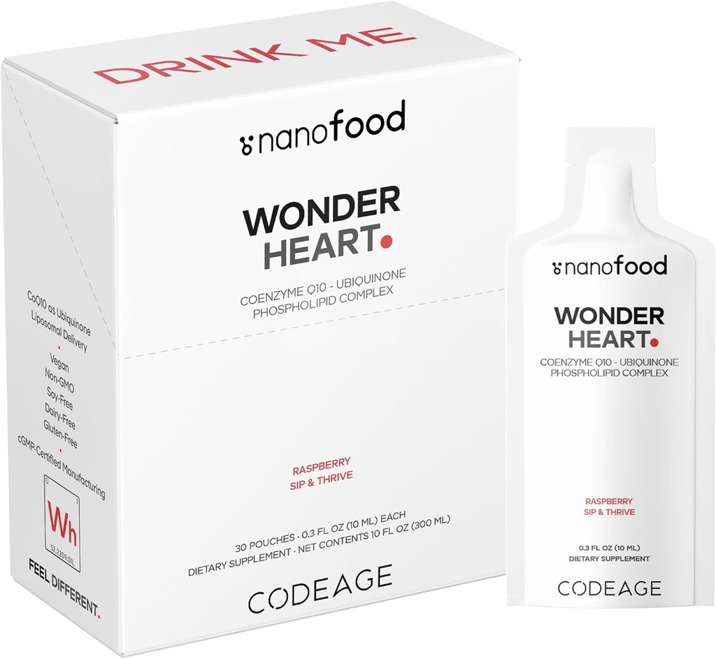 Codeage Wonder Heart Liquid CoQ10 Liposomal Ubichinone Supliment, Coenzime Q10 Vitamine de inima, non-GMO Flower Fosfatidilcoline Vegan Blend, Raspberry Flavored Softgel, Pachet de 30 pungi