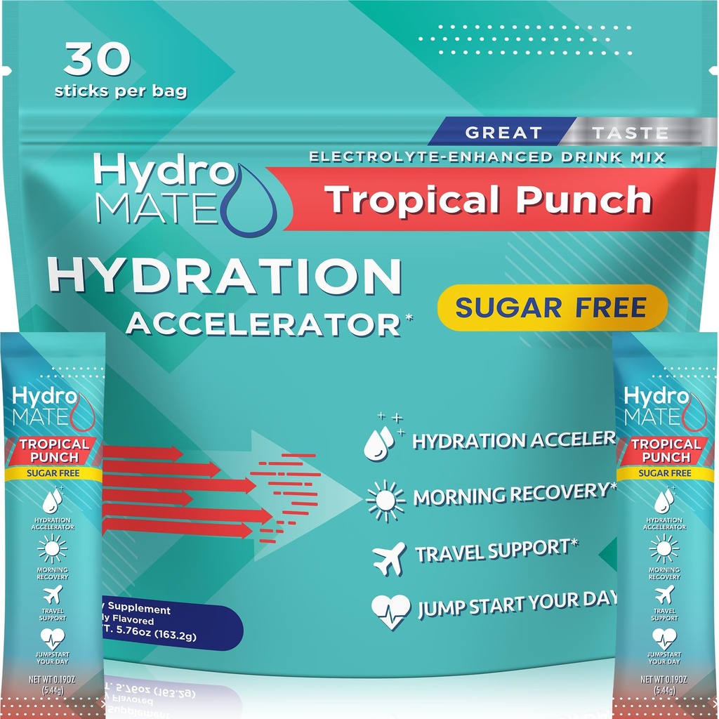 Pachete de hidratare fără zahăr cu pulbere Electrolit Punch Tropical HydroMATE 30 Sticks