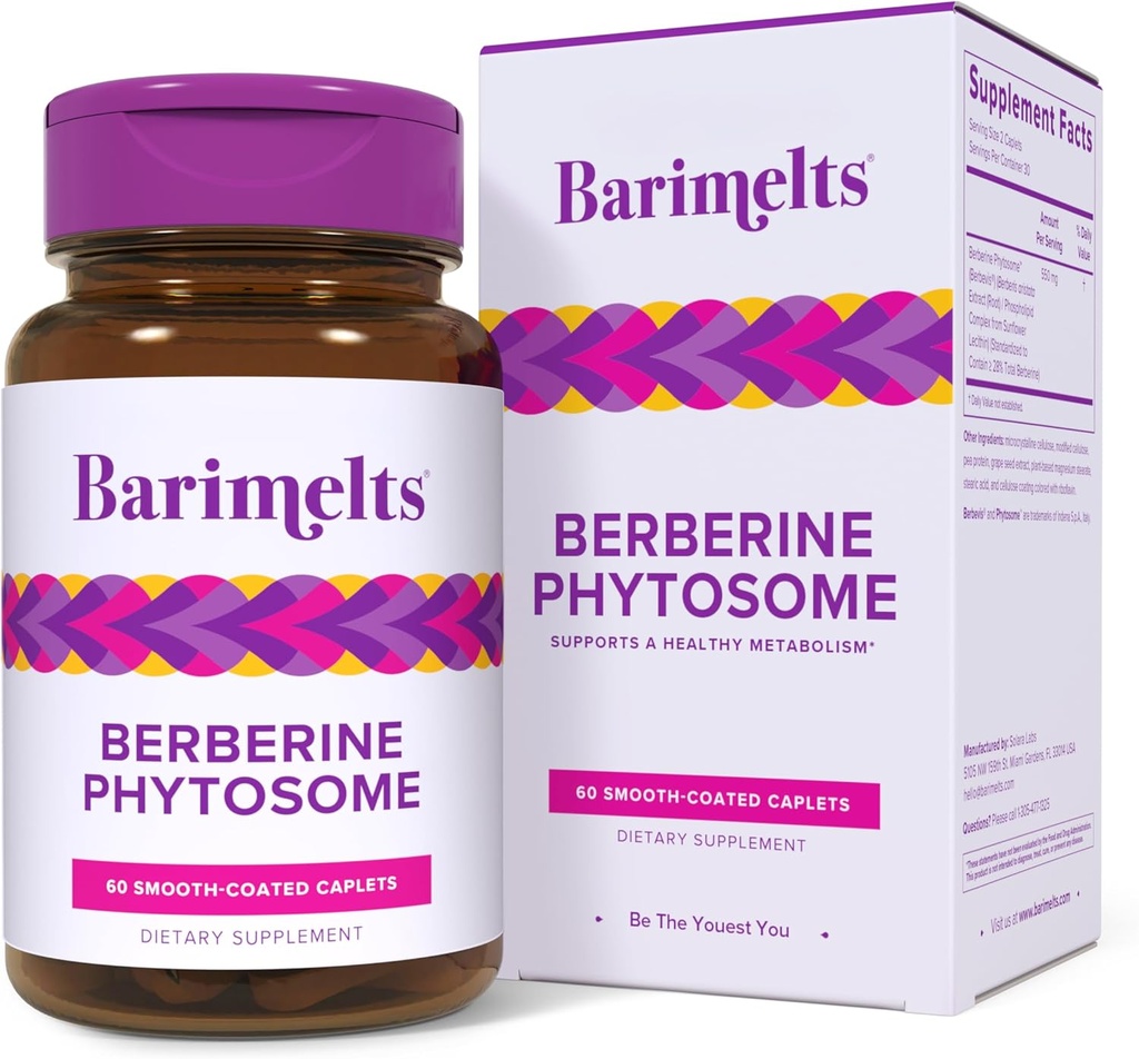 Barimelts Berberine Fitozom 550 mg pentru utilizatorii de PGL-1 și pacienții bariatrici - Suport metabolic - 60 Caplete cu acoperire netedă (1- Aprovizionare lunară)