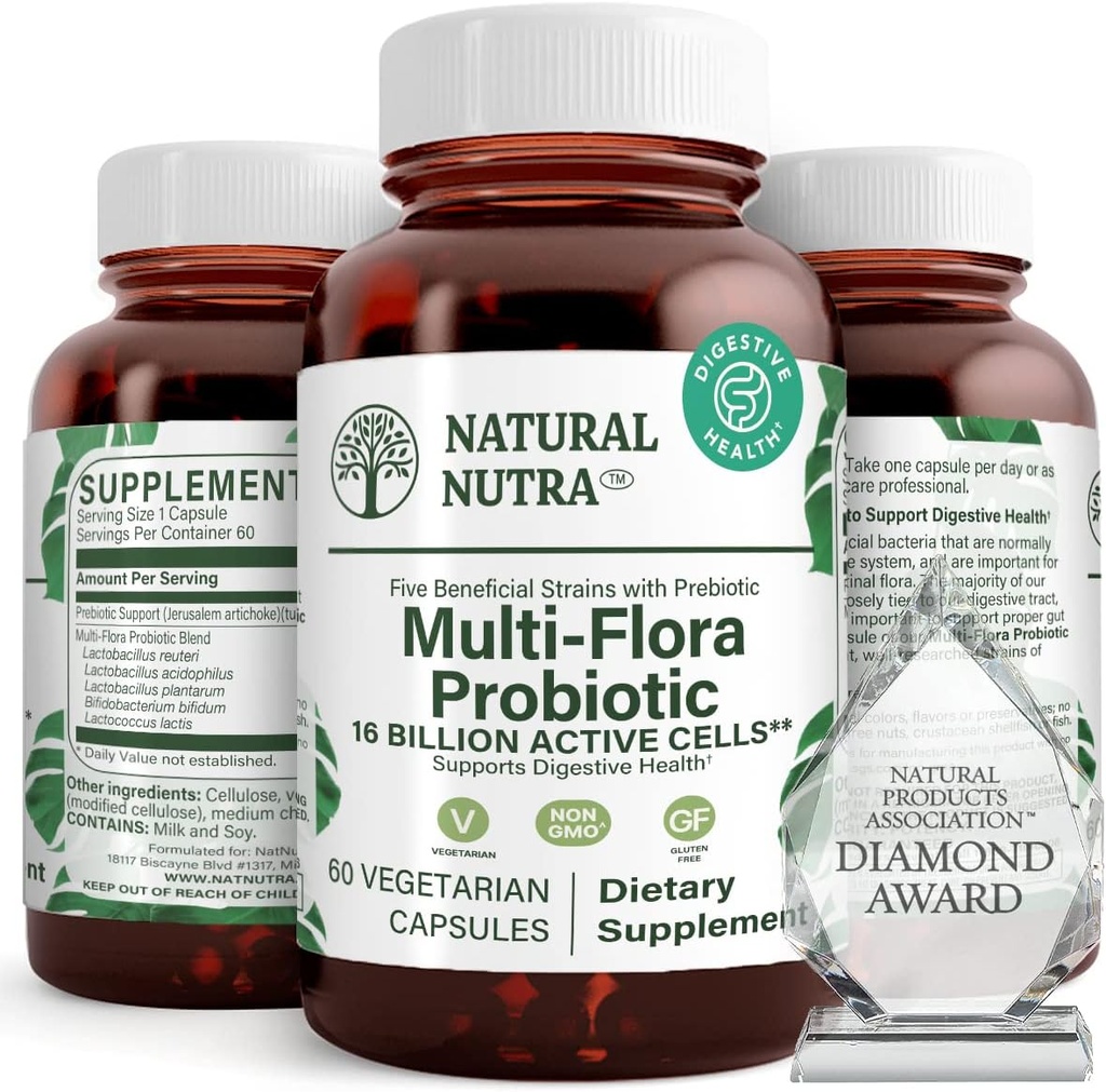 Natural Nutra Ultimate Flora Probiotic pentru femei și bărbați, ajută la îmbunătățirea digestia, contribuie la sănătatea generală, promovează sistemul imunitar, Multi-Strângere cu Lactobacillus, Acidophilus, 60 Capsule