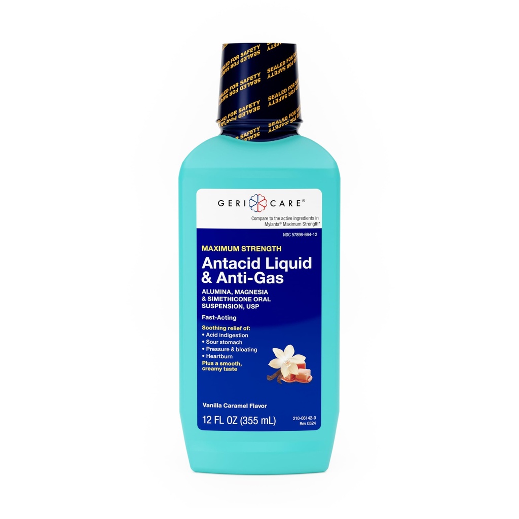 GeriCare Antiacid Lichid & Anti-Gas Relief, Rezistenta maxima pentru arsuri la stomac, Reflux acid, Stomac acru, Presiune & Bloating, Acid Indigestie, & Gas, Vanilie Caramel Flavor, 12 fl oz.