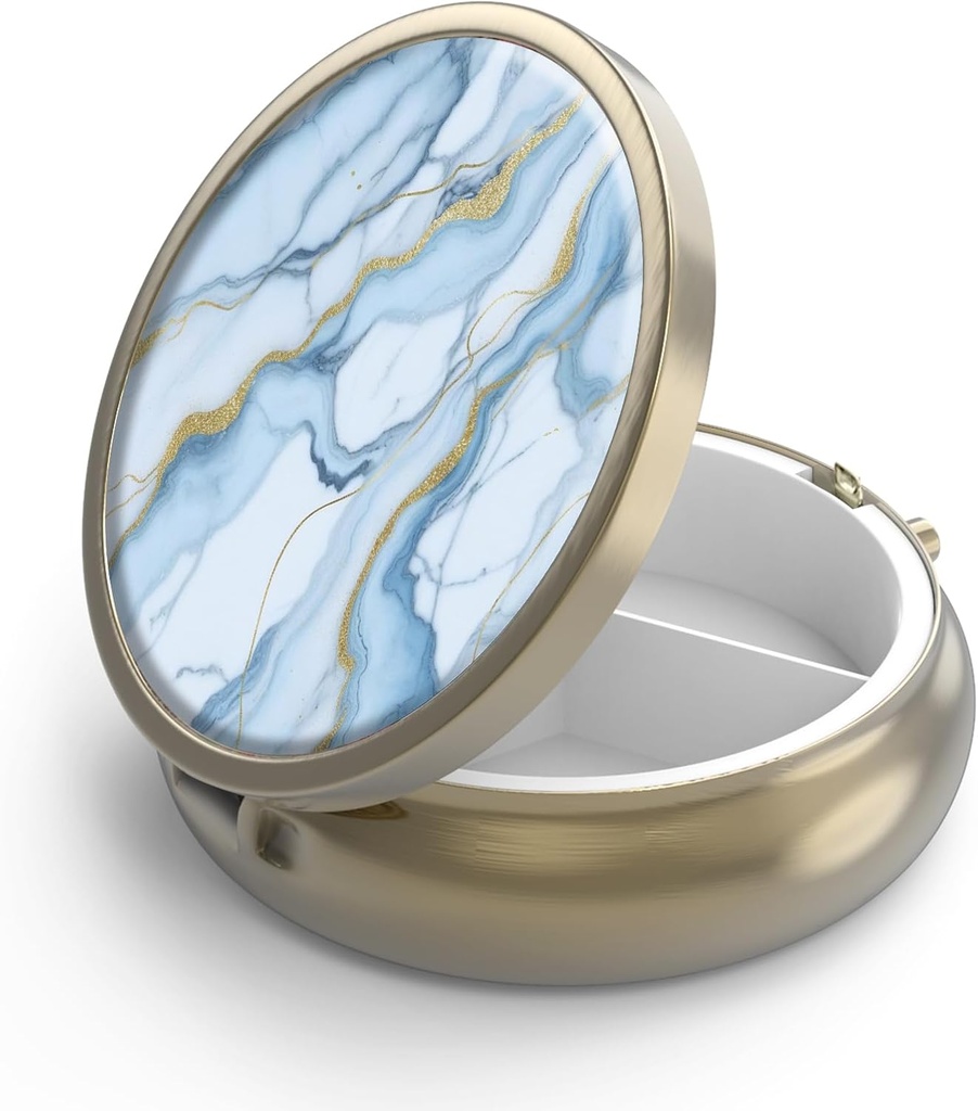 Pilulă cutie de pastile caz cu oglindă retro 3 Compartiment caz de pilulă mică pentru Purse sau buzunar de bronz mici cutie de pilula Roud sau vitamine, ulei de pește, suplimente, Pilula Contine cadouri de călătorie( White Blue Marble)