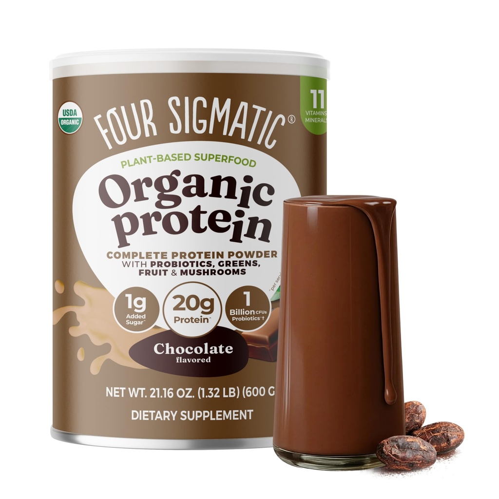 Patru Sigmatic Organic Plant-Based Proteina Pudră de proteine Creamy Cacao Proteina cu leu, Chaga, Cordyceps și mai mult 