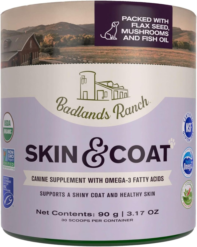 Badlands Ranch - Skin & Coat Canin Supplement w/Omega-3 Fatty Acids, Org. Ingrediente, Antioxidant Topper, Nourish Coat &Paws, Joint, Support Shiny Coat & Healthy Skin de Katherine Heigl (30 Scoops)