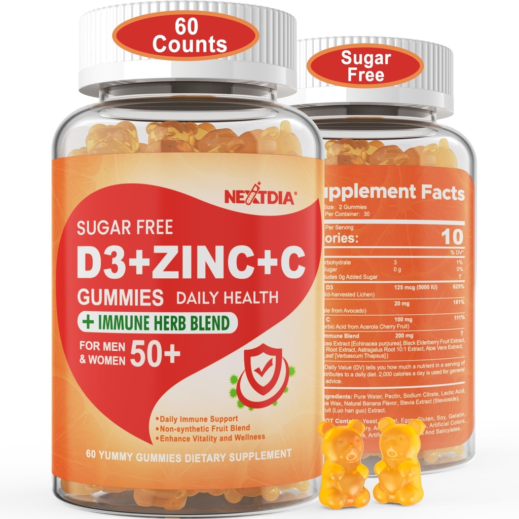Vitamina C fără zahăr + D3 + Gumiile de zinc pentru adulți 50 +, 9 în 1 Suplimentul de apărare imună cu D3 5000UI, Elderberry, Echinacea, Mullein Leaf pentru imunitatea boost, Antioxidant putere, Vegan (Pachet de 1)