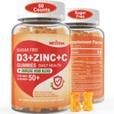 Vitamina C fără zahăr + D3 + Gumiile de zinc pentru adulți 50 +, 9 în 1 Suplimentul de apărare imună cu D3 5000UI, Elderberry, Echinacea, Mullein Leaf pentru imunitatea boost, Antioxidant putere, Vegan (Pachet de 1)