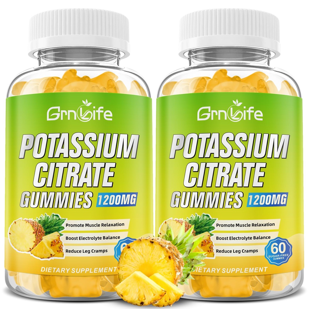Citrat de potasiu Gume, Gume mari de potasiu Suplimente 1200mg Suport Crampele picioarelor și sănătatea musculară, pentru adulți și copii, Vegan, Ananas Flavor 120 Conte