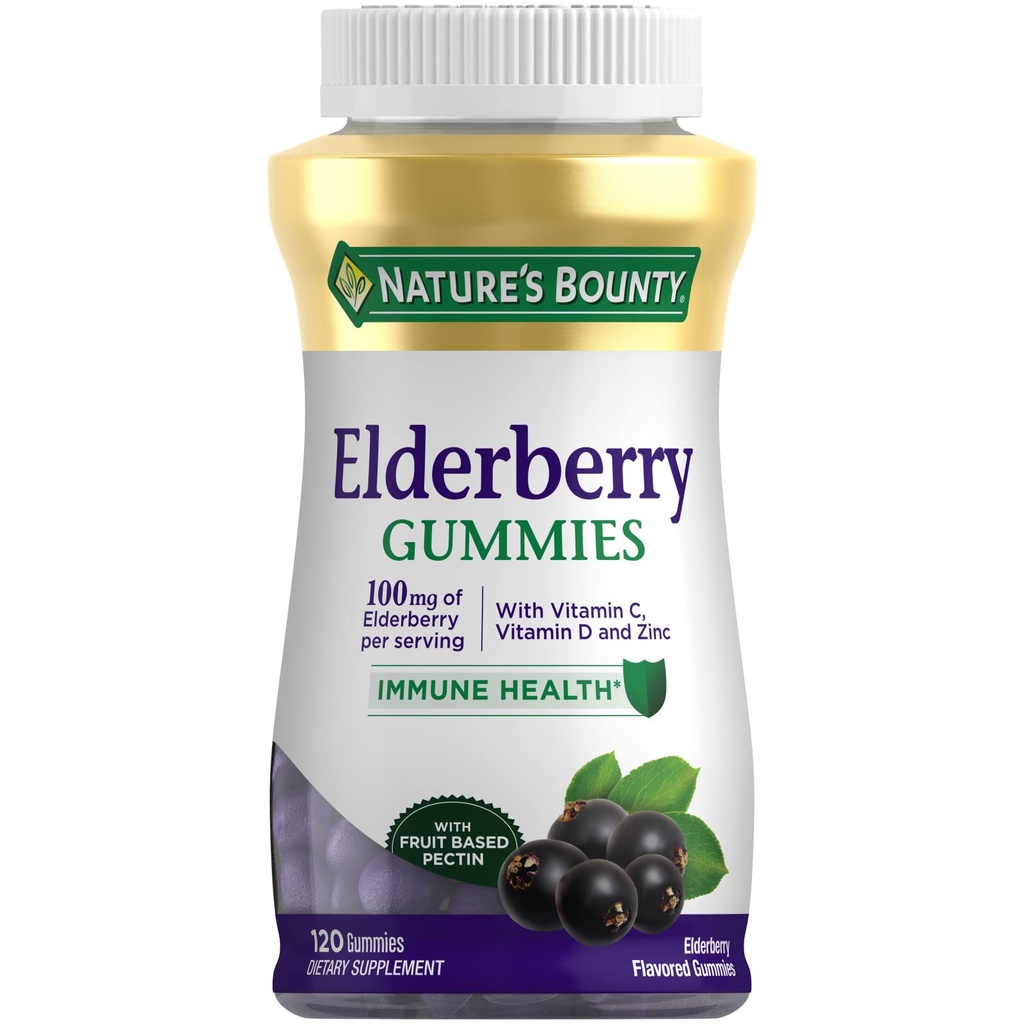Gumiile lui Nature Bounty Elderberry, Suplimentul dietetic, Sprijină Sănătatea Imună, Conține vitamina A, C, D, E și Zinc, 100 mg, 120 Gume