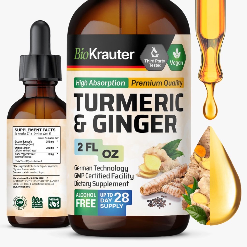 BIO KRAUTER Turmeric si Supliment de ghimbir Tinctura - Curcumina curcumina picaturi de sprijin imun - extract de ghimbir cu Pepper negru - Formula Vegan - 2 Fl.Oz.