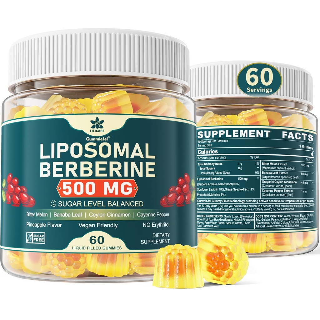 Berberine 500mg Supliment, Once Daily, Gume lipozomal cu Ceylon Cinnamon, Bitter Melon, Banaba Leaf pentru Metabolism Balanced, AMPK Activator, Absorbție ridicată, Zahăr gratuit, Vegan, 60 Cts