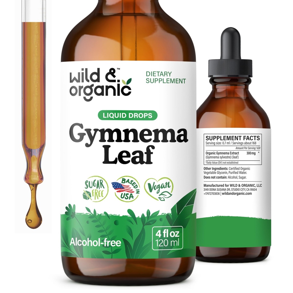 Gymnema Extract de Sylvestre picături sălbatice și organice - Sugar-Free Gimnema Sylvestre Suplimente - Gurmar pulbere pe bază de tinctură - Vegan, alcool-Free Leaf Picături lichide - 4 fl oz