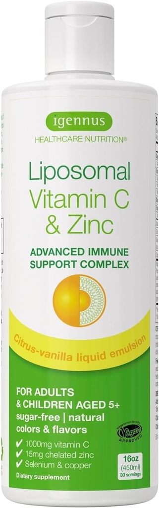 Absorbţie mare Vitamina lipozomala C 1000mg şi Bisglicinat de zinc, 30-90 Serviri, Suport imun lichid pentru adulţi şi copii 5+, non-GMO, Sugar-Free, Citrus & Vanilla Flavor, de Igennus