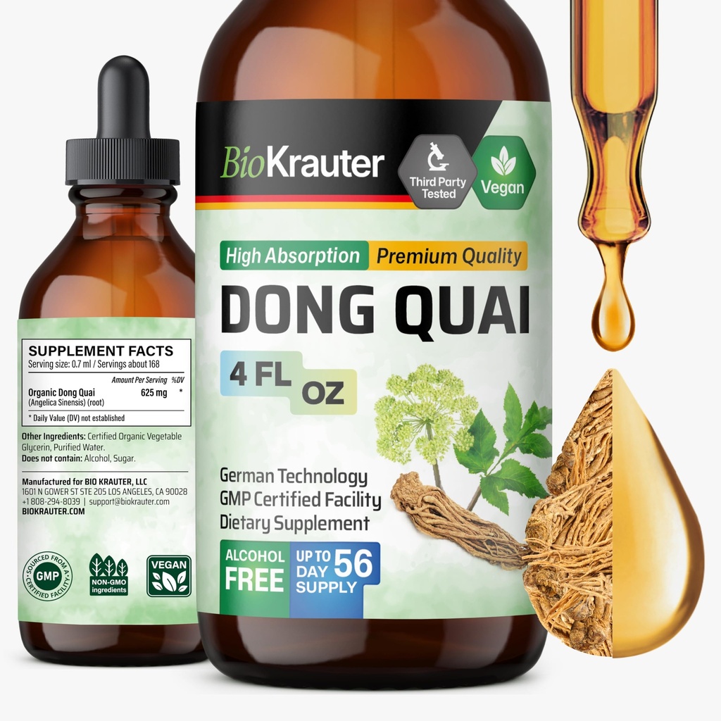 BIO KRAUTER® Menopauza Suplimente pentru Femei* - Dong Quai Drops 4 Fl.Oz 56 Days of Supply - Vegan Angelica Root Tincture for Menopause Support - Alcool & Sugar Free - Relaxation & Women Wellness
